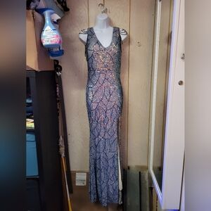 Elegant Sequin Evening Gown - Silver and Blue